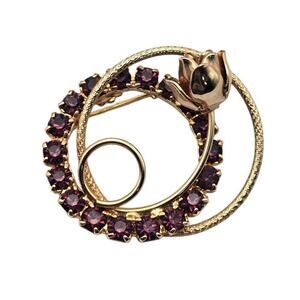 Amethyst Rhinestone Rose Circle Floral Vintage Brooch Elegant Mid-Century